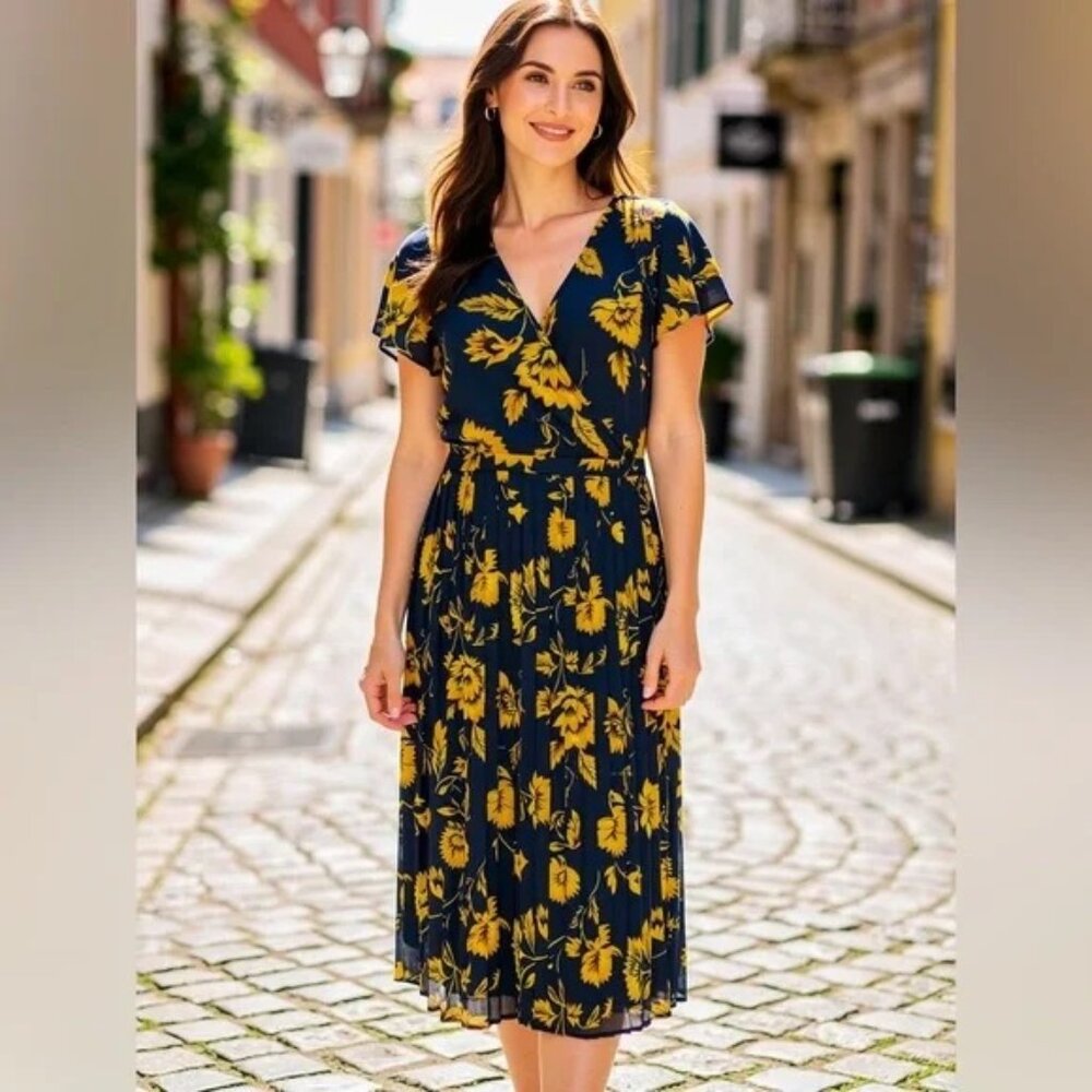 J. Crew Pleated Sunflower Wrap Midi Dress Size 14 Navy/Yellow Worn Twice